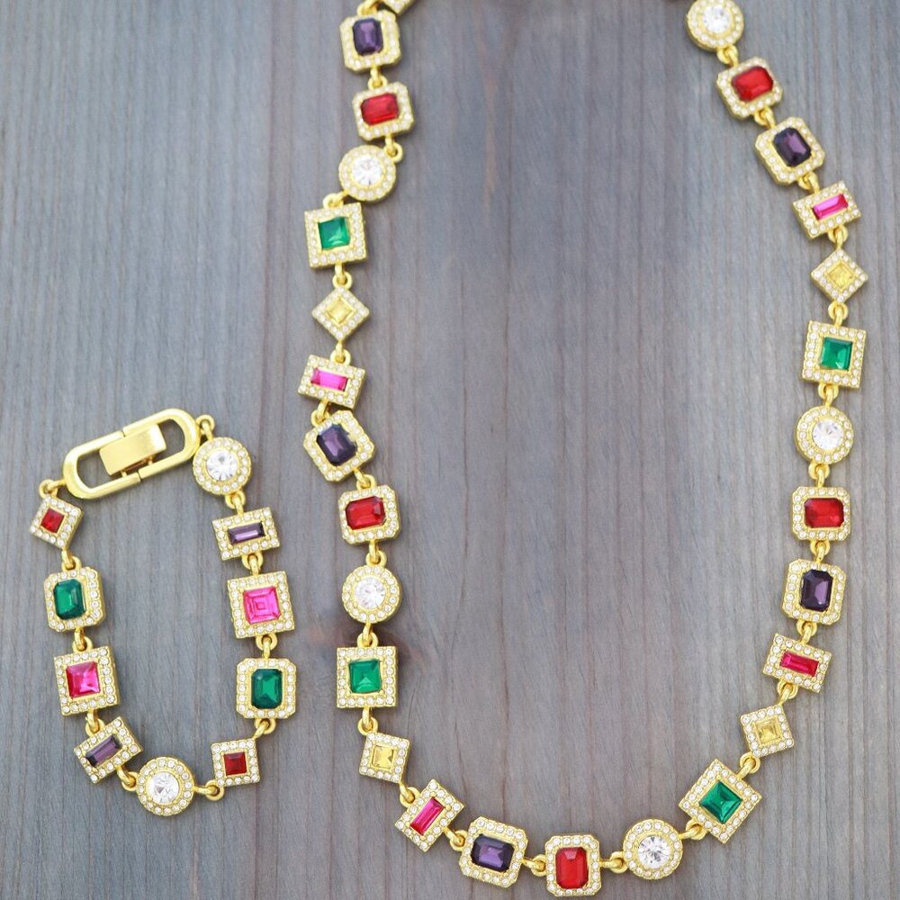 Multicolor Rhinestone Diamond Tennis Style Necklace/Bracelet Jewelry Sets